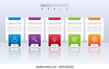 Visualización de datos empresariales, plantilla infográfica con 5 pasos en fondo gris, ilustración vectorial