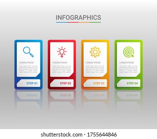 Visualización de datos empresariales, plantilla infográfica con 4 pasos en fondo gris, ilustración vectorial
