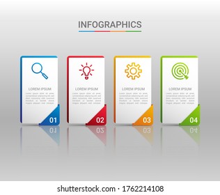 Visualización de datos empresariales, plantilla infográfica con 4 pasos en fondo gris, ilustración vectorial