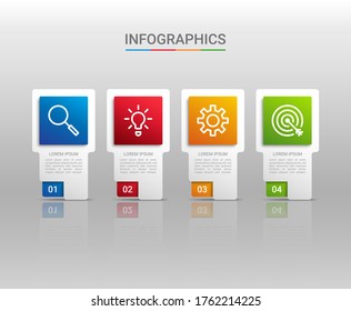 Visualización de datos empresariales, plantilla infográfica con 4 pasos en fondo gris, ilustración vectorial
