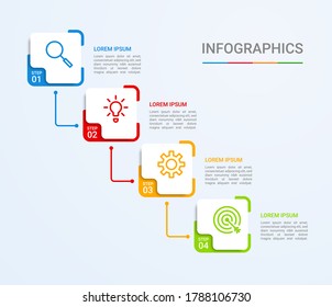 Visualización de datos empresariales, plantilla infográfica con 4 pasos sobre fondo azul, ilustración vectorial