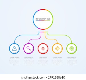 Visualización de datos empresariales, plantilla infográfica con 5 pasos en fondo azul, ilustración vectorial