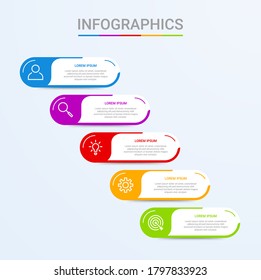 Visualización de datos empresariales, plantilla infográfica con 5 pasos en fondo azul, ilustración vectorial