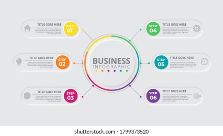 Business data visualization, infographic template with 6 steps on gray background, vector illustration