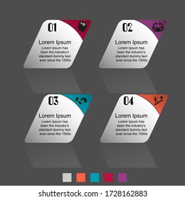 Business data visualization, infographics. Diagram of process elements using graphics, diagrams, rectangles, four stages, numbers, options, parts with text and shadow. Business vector for presentation