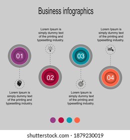 Business data visualization, infographics. Diagram of the process elements using graphics, circle diagrams in four stages, numbers, options, parts. Business vector for presentation.