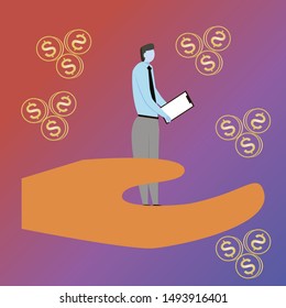 Business data visualization, infographics. Outline of the process of growth elements of a person's career, the person stands on hand with the coins falling, the person and the income. Business vector 