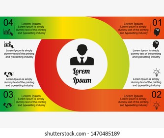 Business data visualization, infographics. Scheme of the process of elements by means of schemes in the form of a horseshoe, or a circle with stripes, numbers, icons, an example of text design inside 