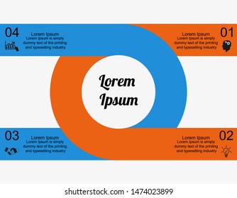 Business data visualization, infographics. Scheme of the process of elements using a circle with rectangles in four stages, numbers, variants, icons, text, parts. Business vector for presentation.