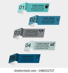 Business data visualization, infographics. Scheme of the process of elements with the help of graphics, diagrams of rectangles curved by five steps, with an example of design of text, business icons