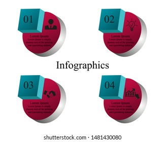 Business data visualization, infographics. Scheme of the process of elements with the help of graphics, diagrams of 3D figures in four stages, numbers, variants, icons, parts, text in black.