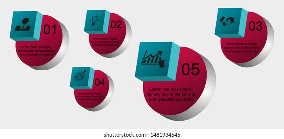 Business data visualization, infographics. Scheme of the process of elements with 3D objects, with icons for business, numbers, text, project. Business vector for presentation