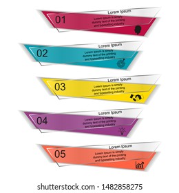 Business data visualization, infographics. Scheme of the process of elements with the help of graphics, diagrams of rectangles curved with shadow, transparent in five stages, numbers, icons, text, 