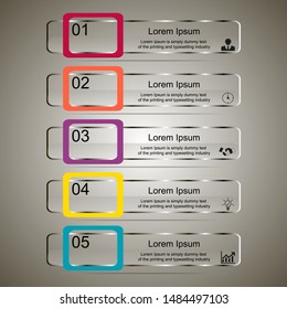 Business data visualization, infographics. Scheme of the process of elements with the help of graphics, diagrams rectangles transparent in five stages, numbers, icons, for text, variants, parts. 
