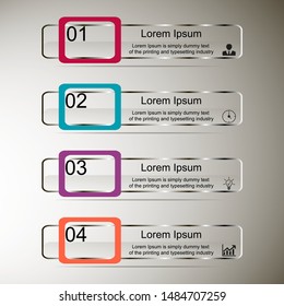 Business data visualization, infographics. Scheme of the process of elements with the help of graphs, diagrams rectangles transparent in four stages, numbers, icons, for text, variants, parts. 