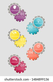 Business data visualization, infographics. Scheme of the process of elements with the help of graphics, diagrams of figures in five stages, figures, icons, text, variants, parts. 