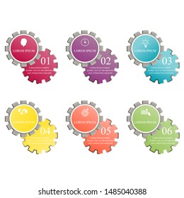 Business data visualization, infographics. Scheme of the process of elements with the help of graphics, diagrams, figures in six stages, numbers, variants, text, icons, parts. 
