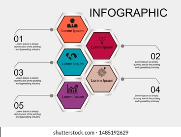 Business data visualization, infographics. Scheme of the process of elements with the help of graphics, diagrams of hexagons in five stages, numbers, icons, text, variants, parts. 