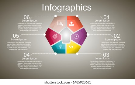 Business data visualization, infographics. Scheme of the process of elements with the help of graphics, diagrams hexagon is divided into six steps, numbers, icons, variants, with text. 