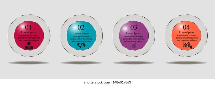 Business data visualization, infographics. Scheme of the process of elements with the help of graphs, diagrams circles are transparent with gradients of four stages, numbers, variants, parts.