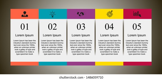 Business data visualization, infographics. Scheme of the process of elements using graphics, diagrams of rectangles in five steps, numbers, icons, text, variants, parts. 