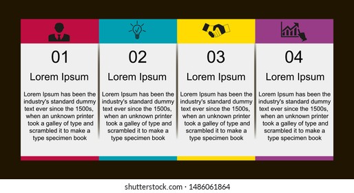 Business data visualization, infographics. Scheme of the process of elements with the help of graphics, diagrams of rectangles in four stages, numbers, icons, text, variants, parts. 