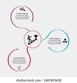 Business data visualization, infographics. Scheme of the process of elements by means of graphs, diagrams of circles are cut out with arrows, in three stages with text, numbers, variants, parts. 