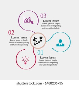 Business data visualization, infographics. Scheme of the process of elements with the help of graphics, diagrams of circles in three stages with icons inside the figures, text by figures, variants