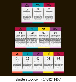 Business data visualization, infographics. Scheme of the process of elements using graphs, diagrams of rectangles in three, four, five stages, numbers, variants, parts. Business vector for presentatio