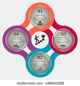 Business data visualization, infographics. Scheme of the process of elements with the help of graphs, diagrams, round transparent four stages, icons, text, numbers, variants, parts.
