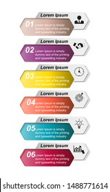 Business data visualization, infographics. Scheme of the process of elements with the help of graphics, diagrams of rectangles with gradients of six stages, icons, numbers, variants, text, parts.