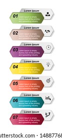 Business data visualization, infographics. Scheme of the process of elements with the help of graphs, diagrams of rectangles with gradients of seven stages, icons, numbers, variants, text, parts. 