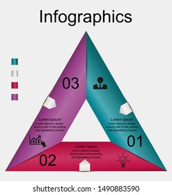 Business data visualization, infographics. Scheme of the process of elements with the help of graphics, diagrams of a triangle in three stages with text on a figure, icons, text, numbers, variants