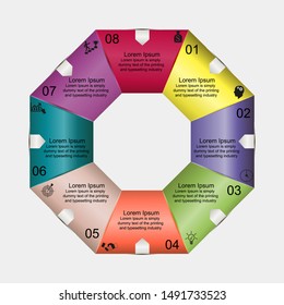 Business data visualization, infographics. Scheme of the process of elements with the help of graphics, diagrams figure in eight stages, icons, text, numbers, variants, parts. 