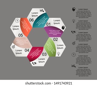 Business data visualization, infographics. Scheme of the process of elements with the help of graphs, diagrams figure hexagon in six stages, icons, text on the right, numbers, variants, parts. 