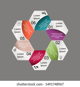 Business data visualization, infographics. Scheme of the process of elements with the help of graphics, diagrams figure hexagon in six stages, icons, text inside, numbers, variants, parts. 