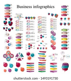 Business data visualization, infographics. Scheme of the process of elements with the help of graphics, diagrams, circles, figures in three, four, five, six, seven stages, numbers, variants, parts. 