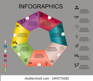 Business data visualization, infographics. Scheme of the process of elements with the help of graphics, diagrams figure in seven stages, text on the right, numbers, variants, parts. 
