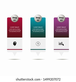 Business data visualization, infographics. Scheme of the process of elements with the help of graphics, diagrams of rectangles in three stages, text white on squares, numbers, icons, variants, parts. 