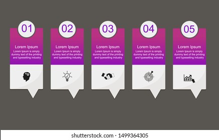 Business data visualization, infographics. Scheme of the process of elements using graphics, diagrams of rectangles in five stages, numbers, icons, variants, parts. Business vector for presentation