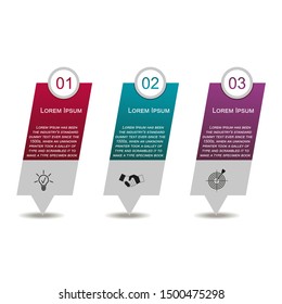 Business data visualization, infographics. Scheme of the process of elements with the help of graphics, diagrams of rectangles in three stages, numbers, variants, parts. Business vector for presentati