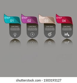 Business data visualization, infographics. Scheme of the process of elements with the help of graphics, four-step diagrams, numbers, icons, text, variants, parts. Business vector for presentation.