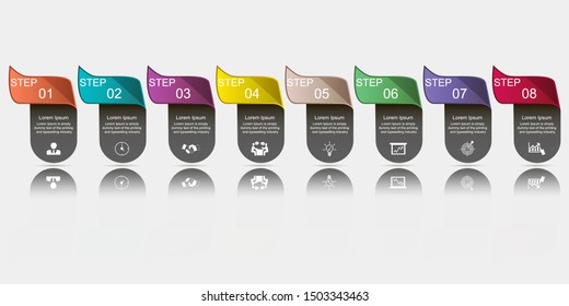 Business data visualization, infographics. Scheme of the process of elements with the help of graphics, diagrams in eight steps, numbers, icons, text, variants, parts. Business vector for presentation