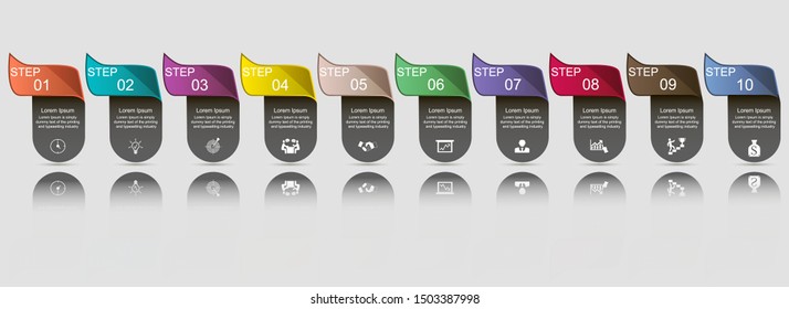 Business data visualization, infographics. Scheme of the process of elements with the help of graphs, ten-step diagrams, numbers, icons, text, variants, parts. Business vector for presentation.