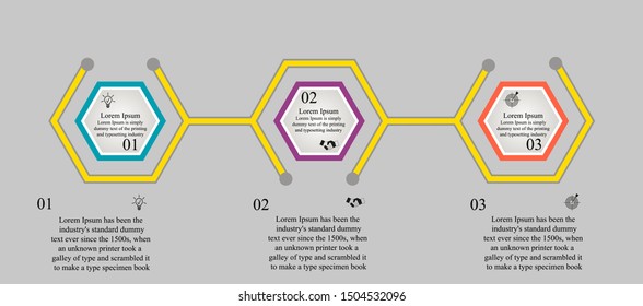Business data visualization, infographics. Scheme of the process of elements with the help of graphics, diagrams, infographics hexagons in three steps, icons, for text, numbers, variants, parts. 