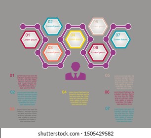 Business data visualization, infographics. Scheme of the process of elements with the help of graphics, diagrams in seven steps, with the text below, numbers, variants, parts. 