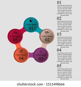 Business data visualization, infographics. Scheme of the process of elements with the help of graphics, five-step diagrams, numbers, icons, right text, variants, parts. Business vector for presentatio