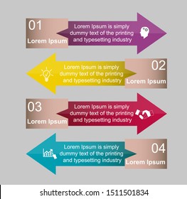 Business data visualization, infographics. Scheme of the process of elements with the help of graphics, diagrams of the arrow in four stages, numbers, icons, with text, variants, parts. 