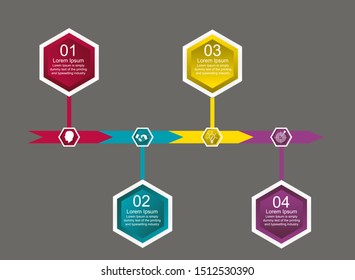 Business data visualization, infographics. Scheme of the process of elements with the help of graphics, diagrams of a hexagon in four positions, numbers, variants, parts. Business vector for presentat