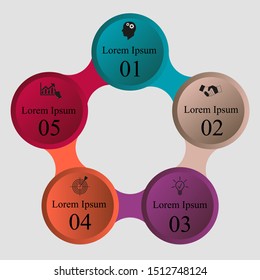 Business data visualization, infographics. Scheme of the process of elements by means of graphs, diagrams of a pentagon with circles on five positions, numbers, variants, parts. 